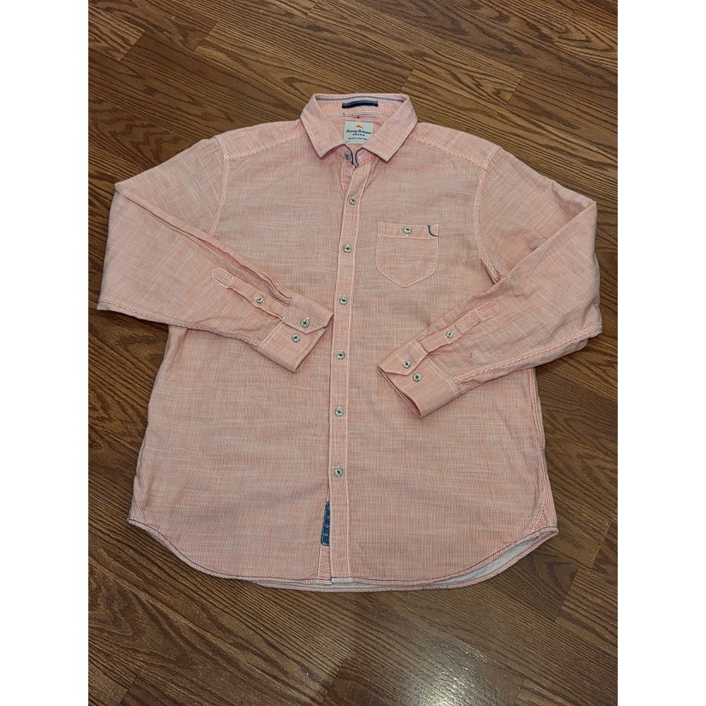 Tommy Bahama Jeans Mens Medium Orange White Striped Cotton Button Down Shirt